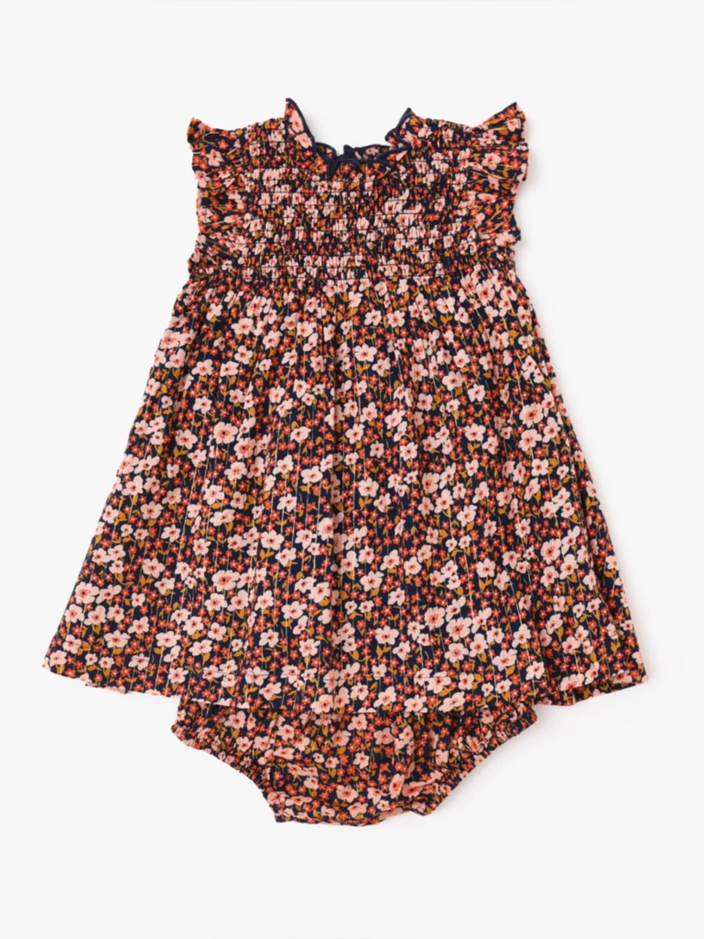 Pink Chicken Navy Floral Smocked Dress with Pink & White Blooms